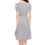 Back view of a striped multifunctional nursing dress for maternity, featuring a knee-length A-line silhouette.