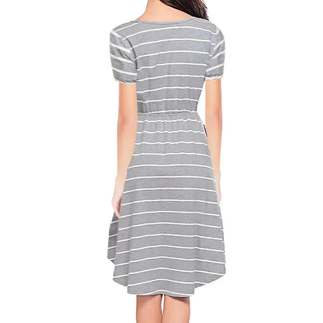 Back view of a striped multifunctional nursing dress for maternity, featuring a knee-length A-line silhouette.
