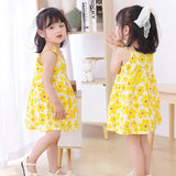 Adorable summer girls dress featuring bright yellow floral print, perfect for 4-6 year olds, knee-length and sleeveless.