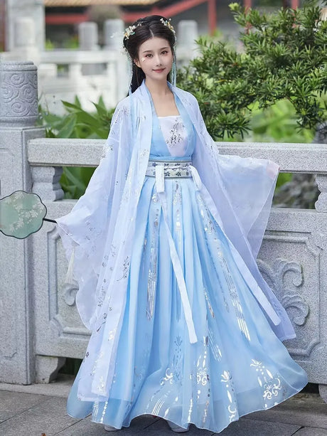Tang Dynasty blue Hanfu costume for women, featuring flowing sleeves and elegant design, perfect for cosplay and parties.