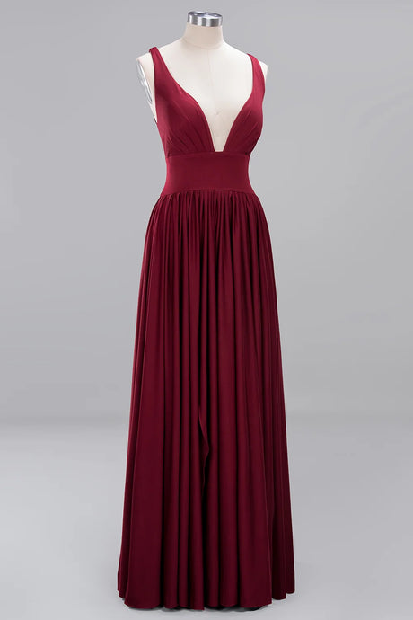 Burgundy V-Neck Bridesmaid Gown, floor-length satin dress with pleats, sleeveless design, elegant evening wear.