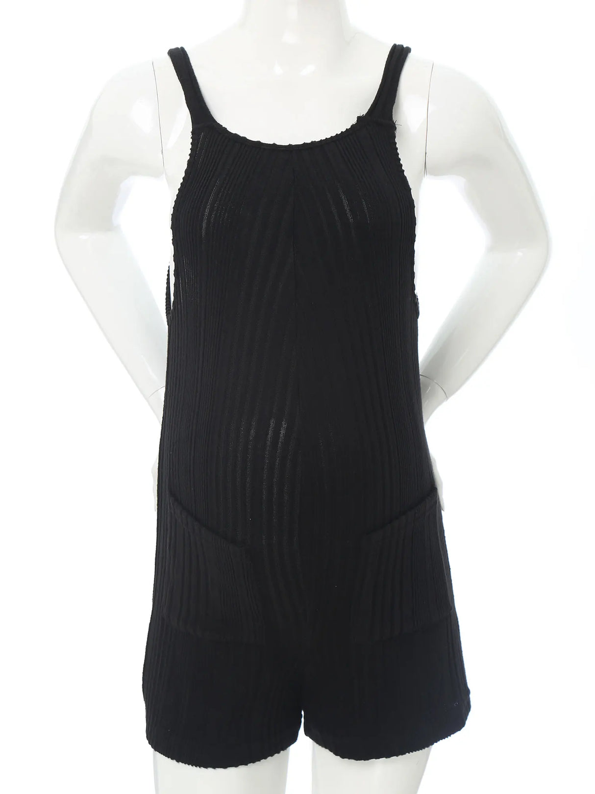 Sleeveless ribbed maternity jumpsuit in black, designed for comfort and style during pregnancy.