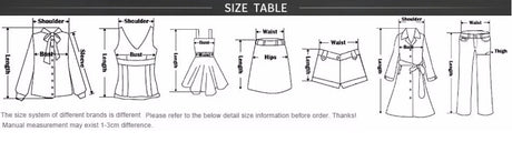 Size table showing measurements for various women's clothing items including tops, skirts, and pants.