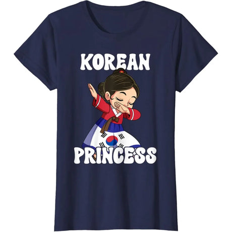 Korean Princess Cotton T-Shirt featuring cartoon design on a navy background, perfect for women and casual wear.