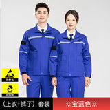 Two models wearing blue anti-static flame-resistant welding suits for professional workwear.