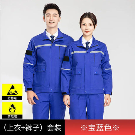 Two models wearing blue anti-static flame-resistant welding suits for professional workwear.