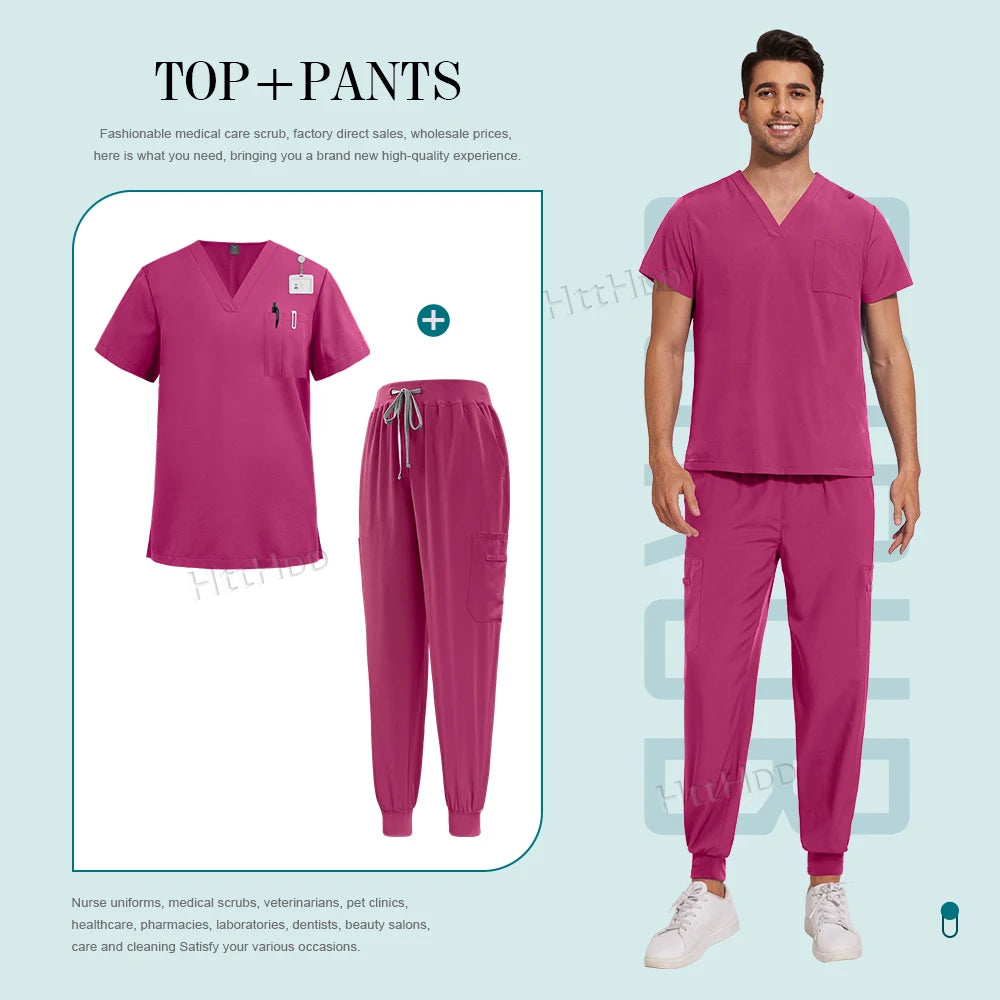 Unisex nurse surgical scrub suit jogger set in vibrant pink, featuring breathable fabric and functional pockets for medical professionals.
