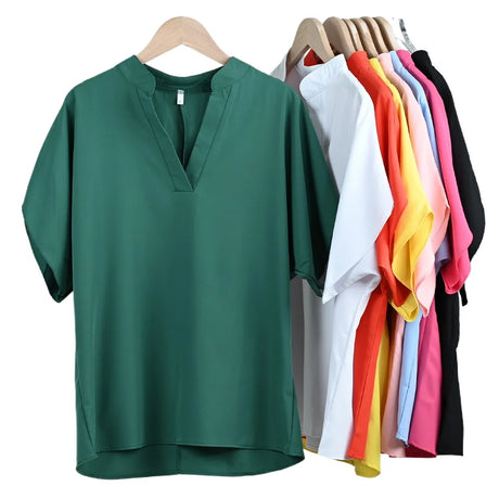FlareFemme™ V-Neck summer blouse in green color with short sleeves and additional colors displayed.