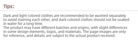Care tips for washing dark and light clothes separately to prevent staining.