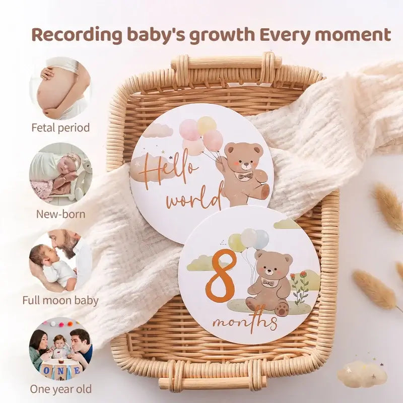 16Pcs Paper Baby Milestone Numbers set in a basket, showcasing monthly growth milestones for newborns.