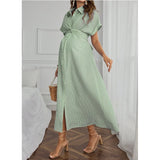 Striped short sleeve mint green maternity dress, A-line silhouette, perfect for casual summer wear.