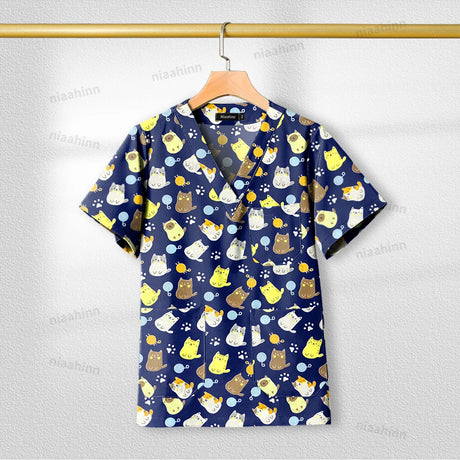 Printed nursing scrub top with cute animal patterns, short sleeve, V-neck, breathable cotton fabric, perfect for healthcare professionals.
