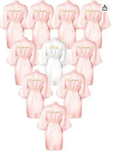 Plus size satin bride robe collection in rose gold and white, featuring 'Bridesmaid' and 'Bride' designs.