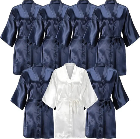 7-piece satin bride robe set in navy and white for bridal party, stylish knee-length kimonos for summer.