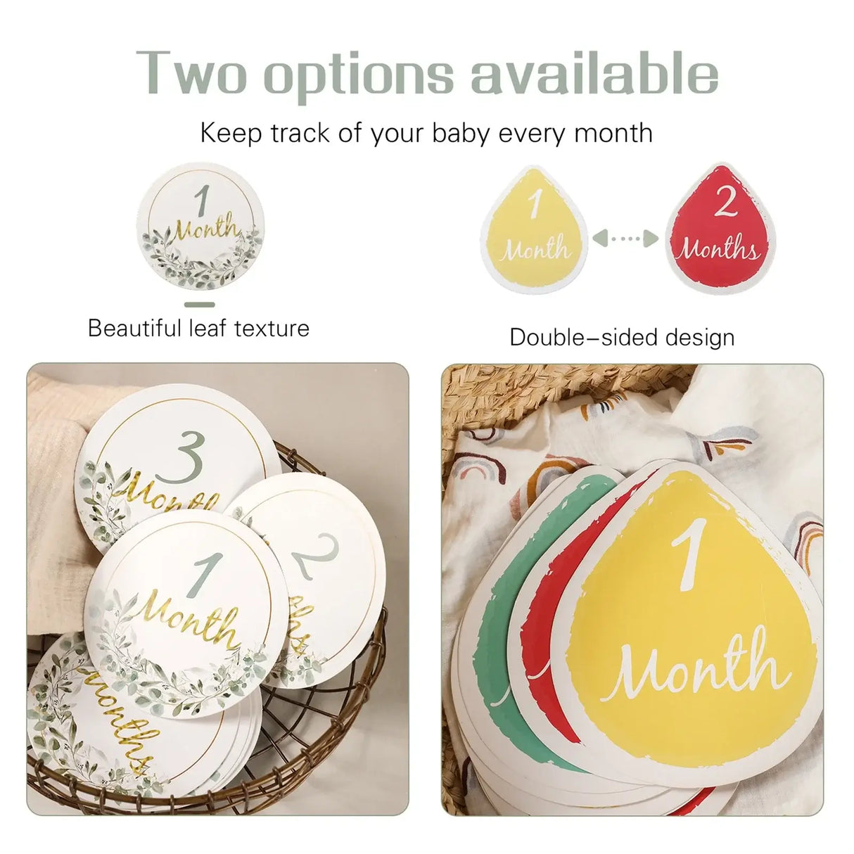 Newborn milestone cards featuring leaf designs for monthly tracking, showcasing two options in a double-sided format.