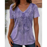 3D Flower Graphic V-Neck Tee in purple for women, featuring floral design and regular fit, made from polyester.
