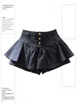 PuffyBelt™ – Puffy Layered Denim Skirt (Black A-line, High Waist)