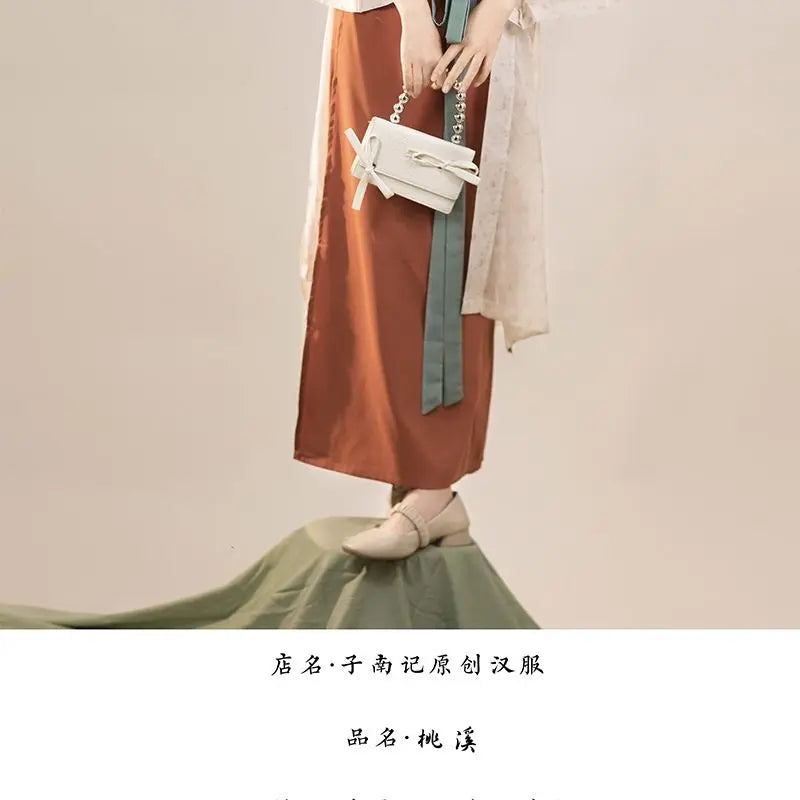 Song Dynasty Hanfu retro three-piece women's outfit with skirt and stylish handbag, showcasing traditional elegance.