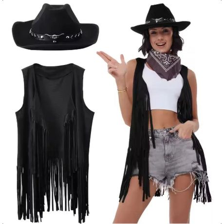 Cowboy costume set with tassel vest and hat, perfect accessory for women in movie and TV themes.