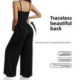 Sleeveless high waist maternity jumpsuit in black showcasing traceless back design with abdominal support.