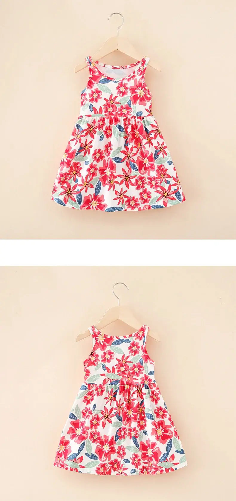 Cute summer dress for girls featuring a vibrant floral print, sleeveless design, and knee-length style.