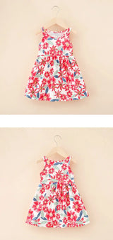 Cute summer dress for girls featuring a vibrant floral print, sleeveless design, and knee-length style.