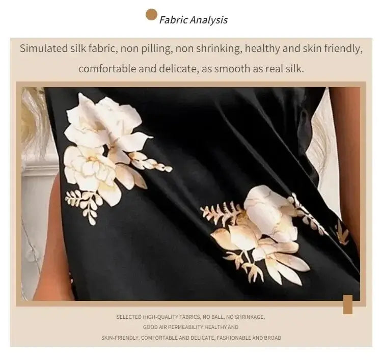 Women Black Floral Nightdress Satin Sleepshirt Casual