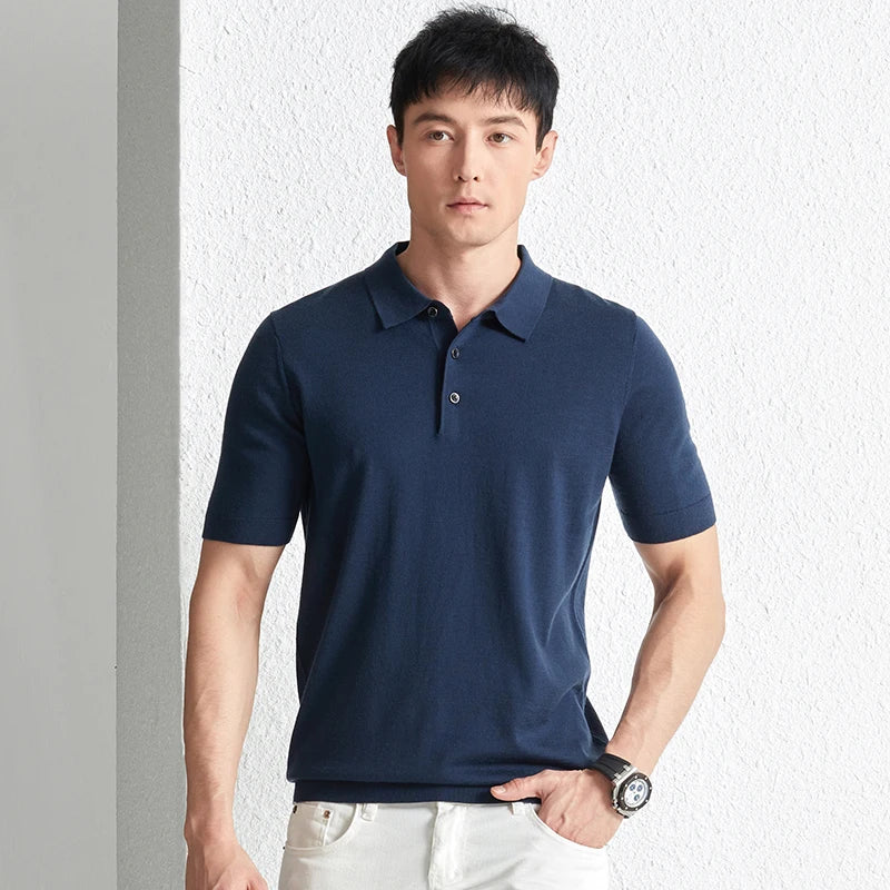 Men Short Sleeve Wool Polo Knit