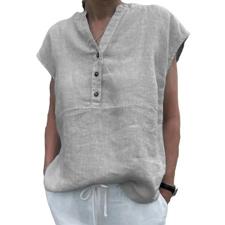 BreezyLuxe™ Cotton Linen V-Neck Blouse in gray, featuring a casual fit and button closure, perfect for summer wear.