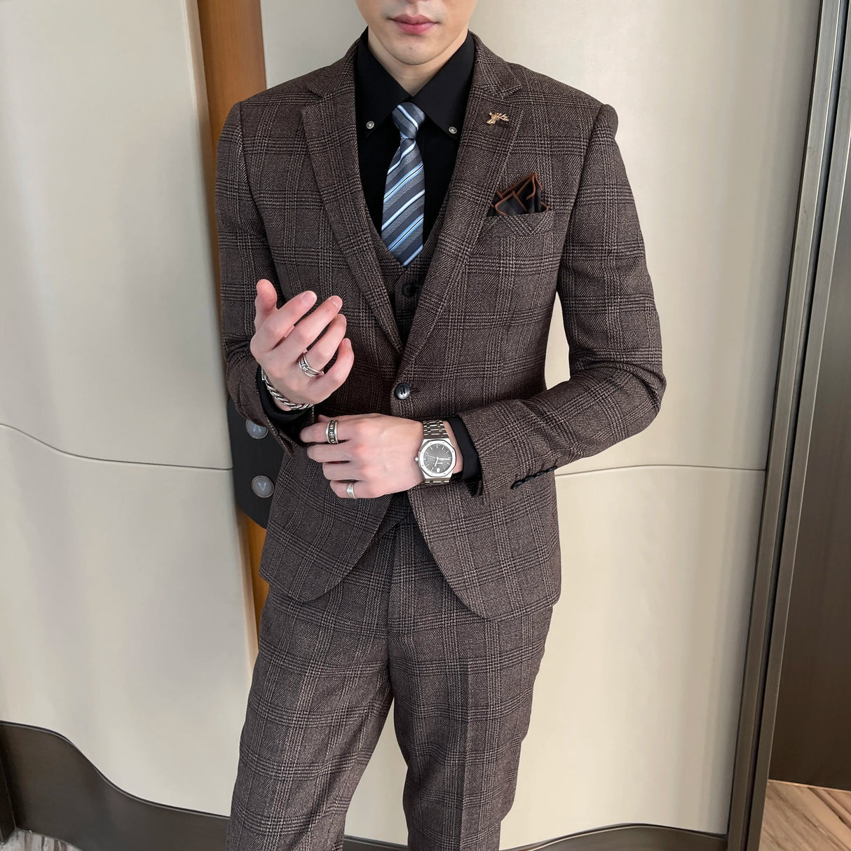 Men Plaid 3-Piece Business Suit