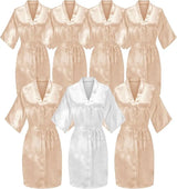 7-piece satin bridal robe set featuring beige and white kimonos, perfect for bridal parties and summer wear.