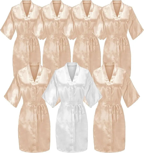 7-piece satin bridal robe set featuring beige and white kimonos, perfect for bridal parties and summer wear.