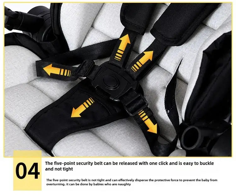 Close-up of the Highview Baby Stroller's five-point security belt, designed for safety and ease of use.