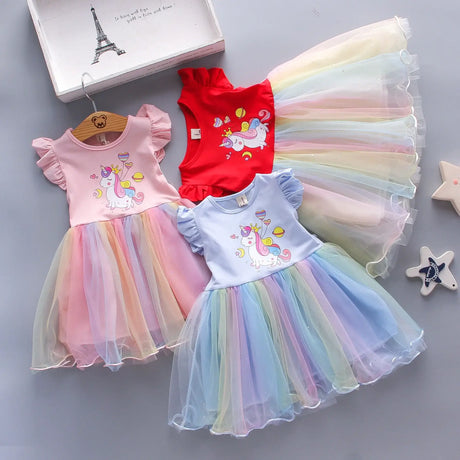 Colorful unicorn princess dresses for baby girls, perfect for summer parties, featuring knee-length tulle skirts.