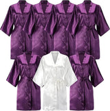 7-piece satin robe set in purple and white for bridesmaids, knee-length, short sleeves, ideal for bridal parties.
