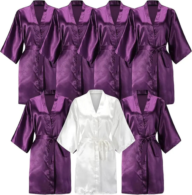 7-piece satin robe set in purple and white for bridesmaids, knee-length, short sleeves, ideal for bridal parties.