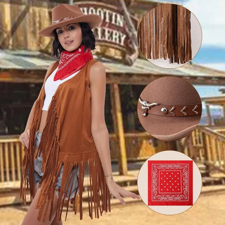 Cowboy costume set featuring a brown tassel vest, hat, and bandana, perfect for women inspired by movie and TV styles.
