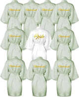 10-piece satin bride and bridesmaid kimono robe set in green and white with elegant gold lettering.