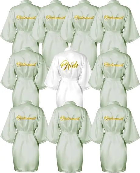 10-piece satin bride and bridesmaid kimono robe set in green and white with elegant gold lettering.