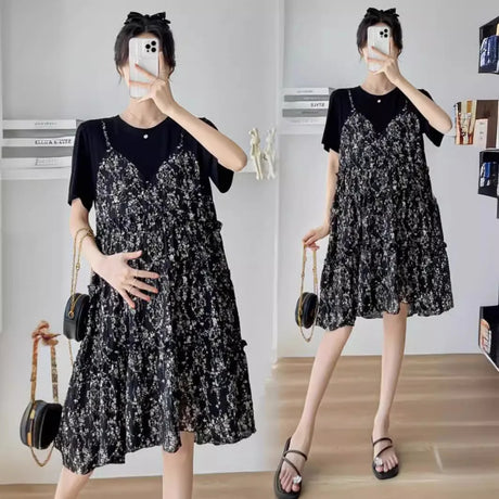Elegant black floral maternity dress with short sleeves, perfect for baby showers and summer outings.