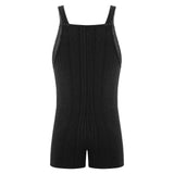 Sleeveless ribbed maternity jumpsuit in black, suitable for casual summer wear. Made from soft cotton blend.