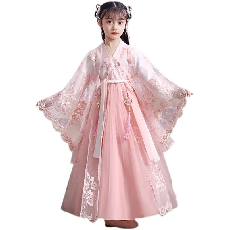 Modern Fairy Hanfu Girls Cosplay Dress in pink, featuring intricate lace and flowing sleeves for kids' costumes.