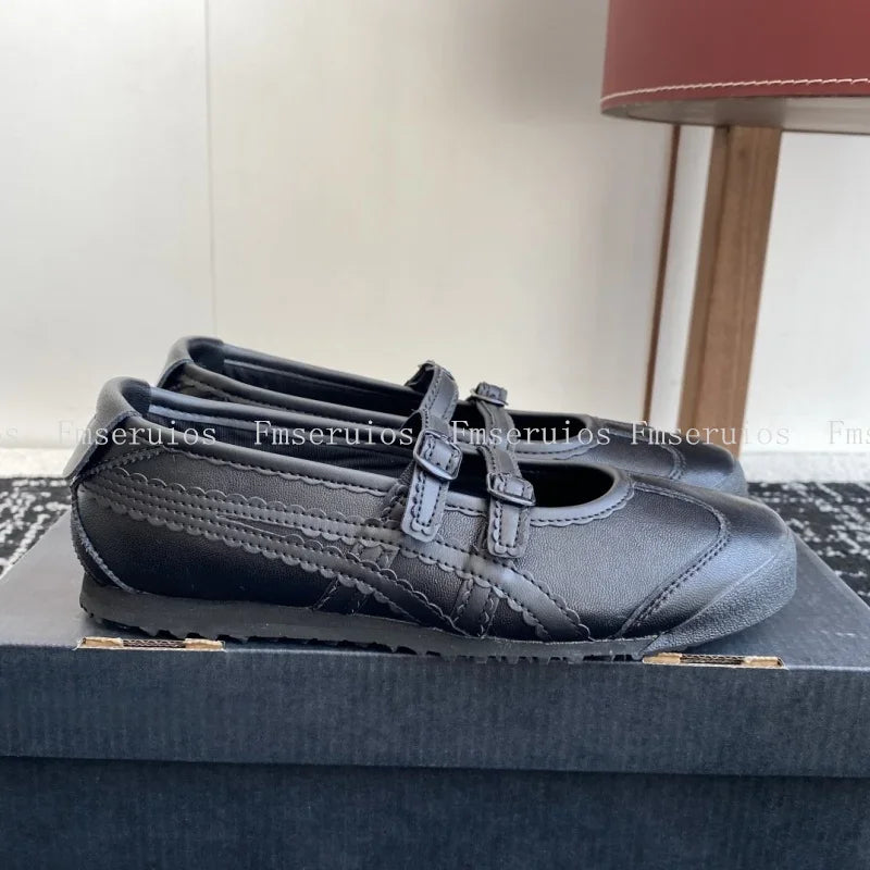 Women Ballet Flats Round Toe Lace Genuine Leather