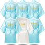 6-piece bridesmaid robe set in light blue and white with gold lettering for bride and bridesmaids.