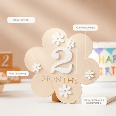 Wooden flower-shaped milestone for babies, highlighting '2 Months' with custom numbers and flower decoration.