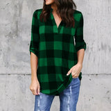 PlaidVibe™ V-Neck Summer T-Shirt in green check print, casual beach style, lightweight women's top, perfect for spring/summer.