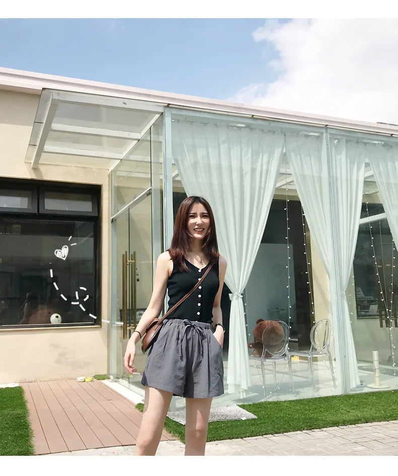 Women Cotton Linen High Waist Shorts