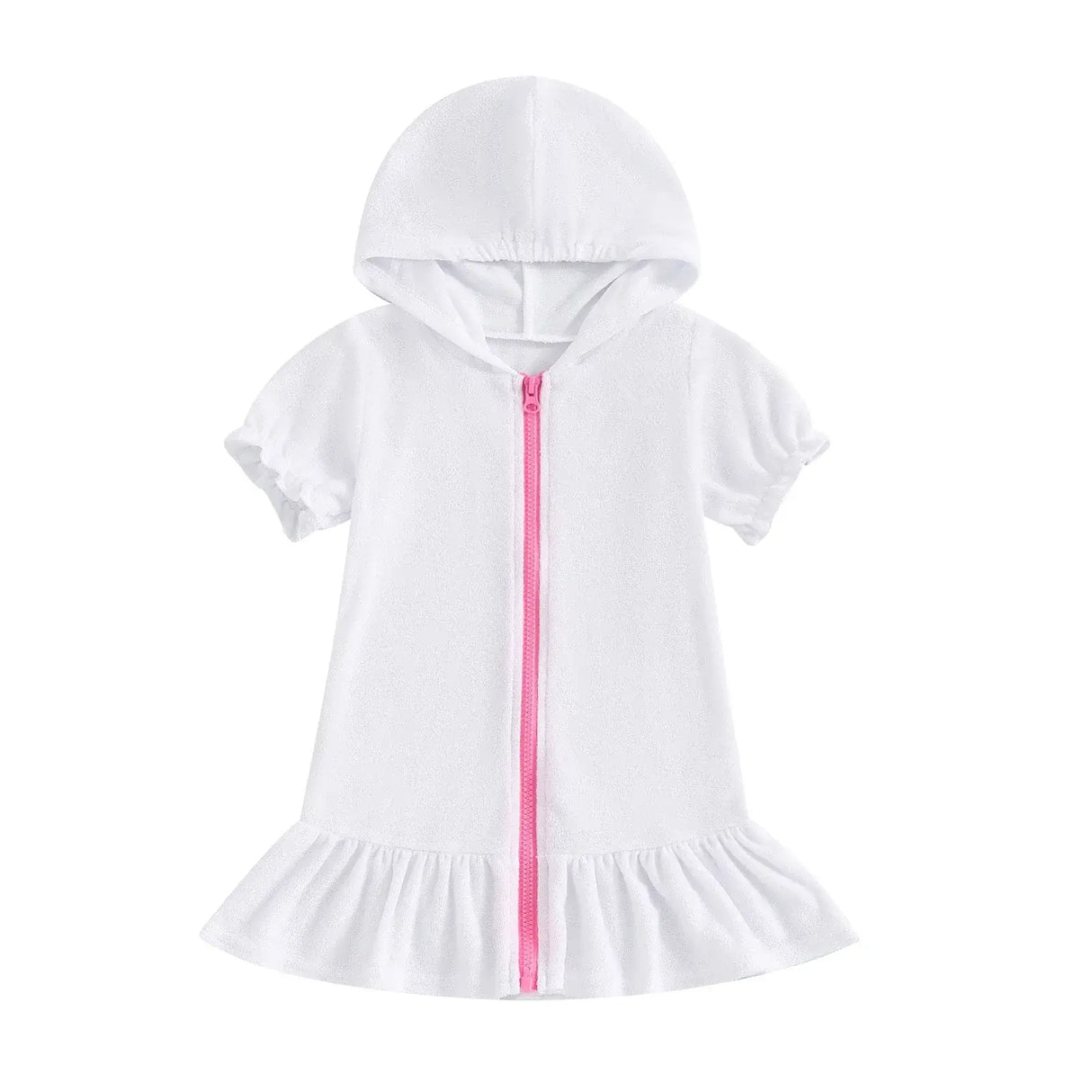 Toddler girls short sleeve hooded dress in white with pink zipper and flared hem, perfect for ages 1-3 years.