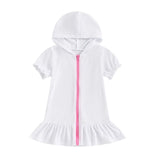 Toddler girls short sleeve hooded dress in white with pink zipper and flared hem, perfect for ages 1-3 years.