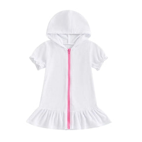 Toddler girls short sleeve hooded dress in white with pink zipper and flared hem, perfect for ages 1-3 years.